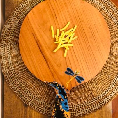 Teak Wood Platter (Circular, Blue Design)