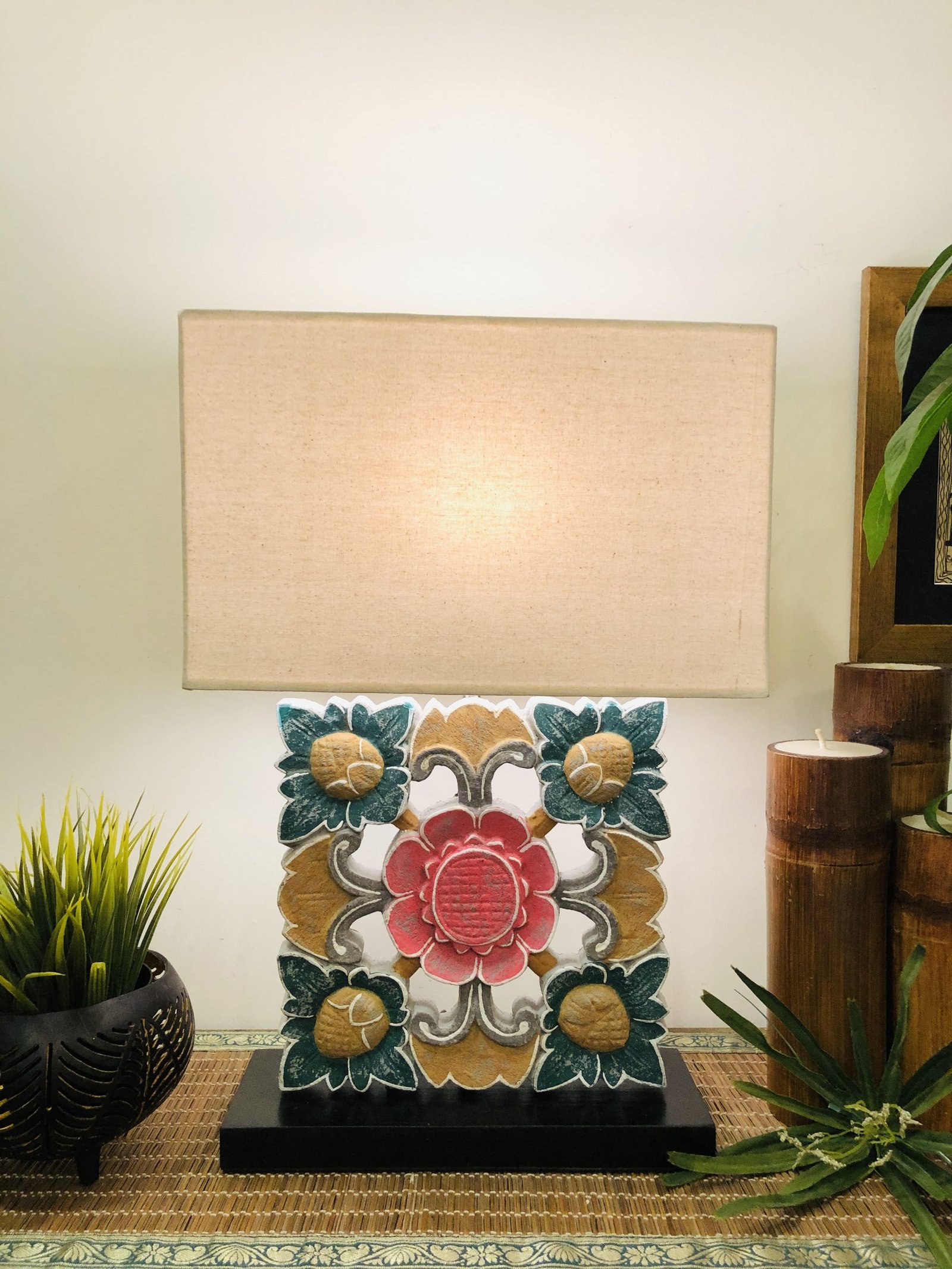 Wooden Table Lamp (Green / Pink)