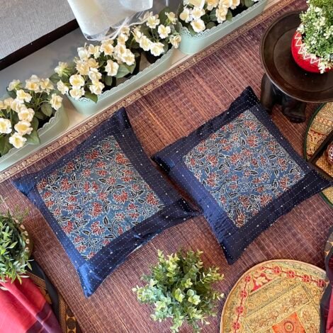 Mashru Silk Cushion Covers (Set of 2, Neelam1)