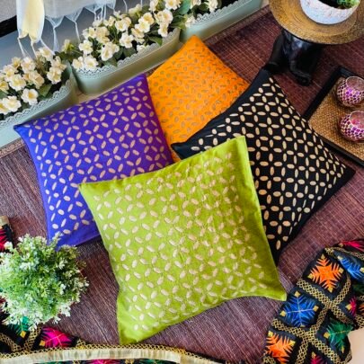 Silk Appliqué Cushion Covers (Amara, Set of 4)
