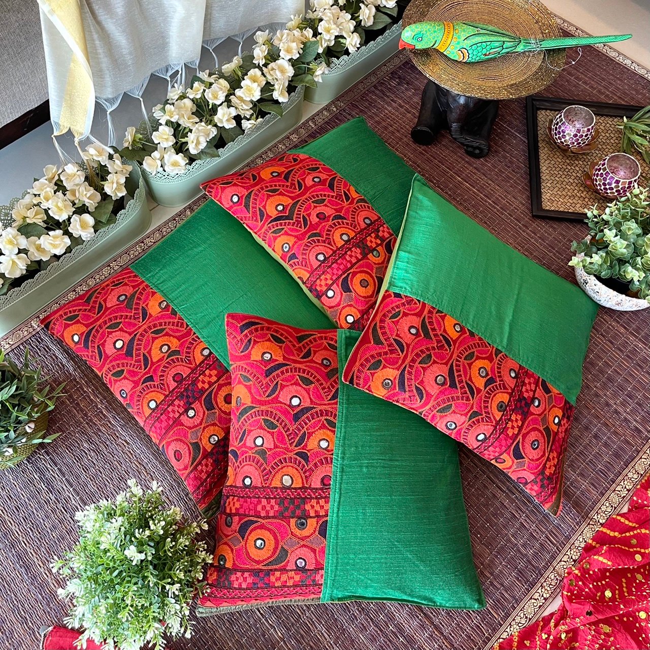 Hand Embroidered Cushion Covers (Set of 4, Kalpa2)