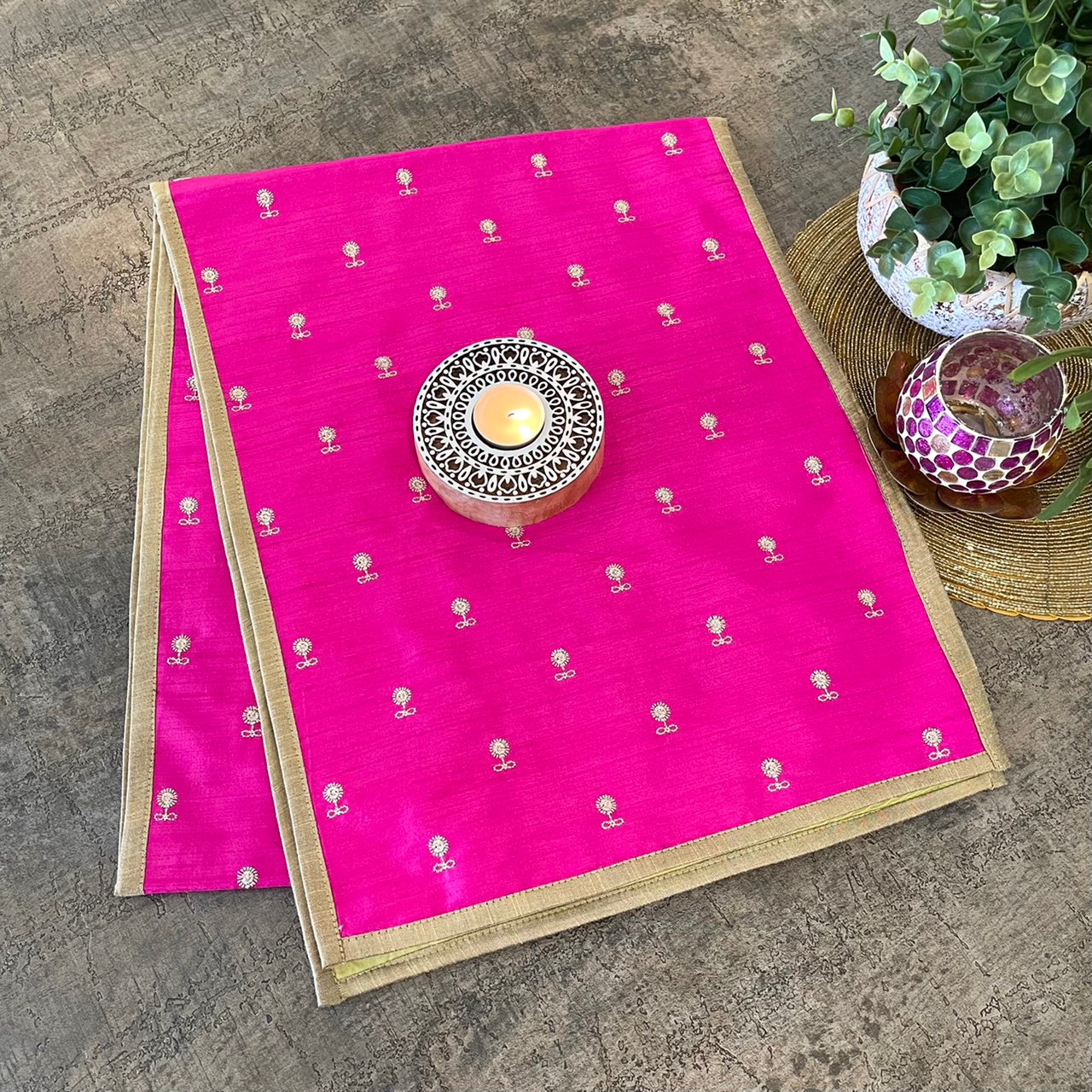 Embroidered Silk Table Runner (Pink) - Image 3