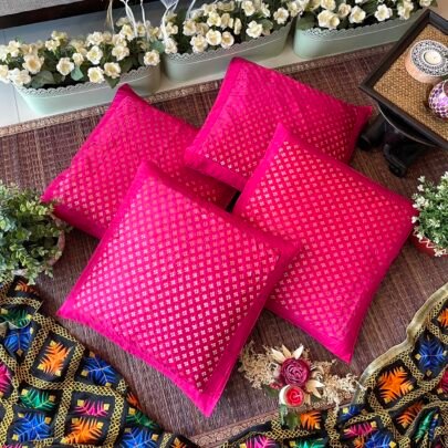 Brocade Silk Cushion Covers (Set of 4, Pink)