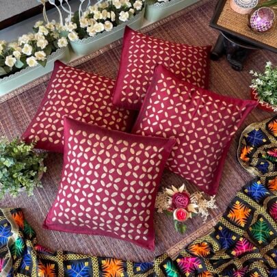 Silk Appliqué Cushion Covers (Set of 4, Maroon)