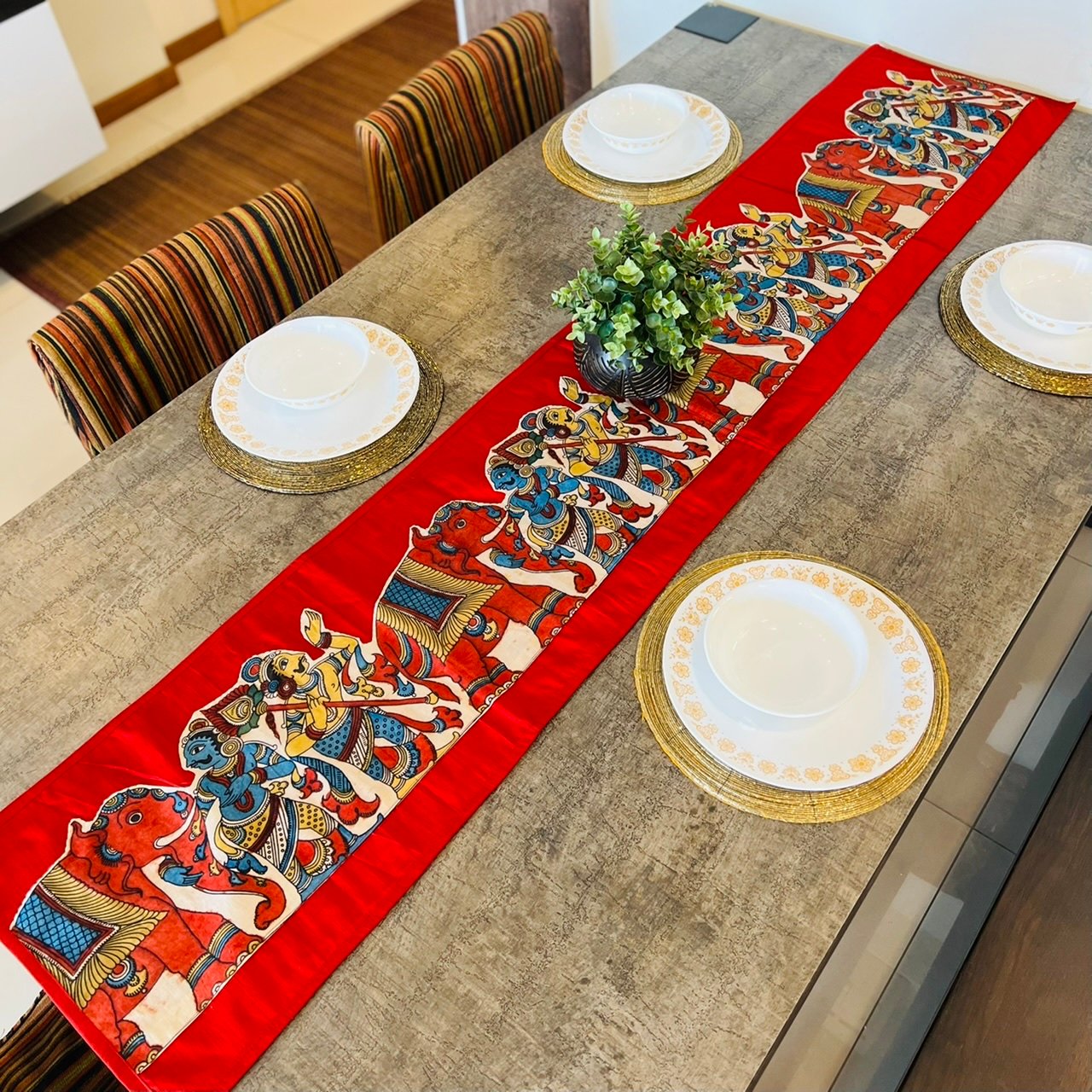 Kalamkari Design Table Runner (Red Elephant)