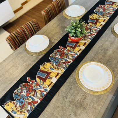 Kalamkari Design Table Runner (Black, Mustard Elephant)