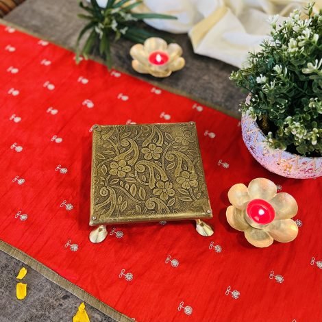 Brass Fitted Wooden Chowki Table (Small)