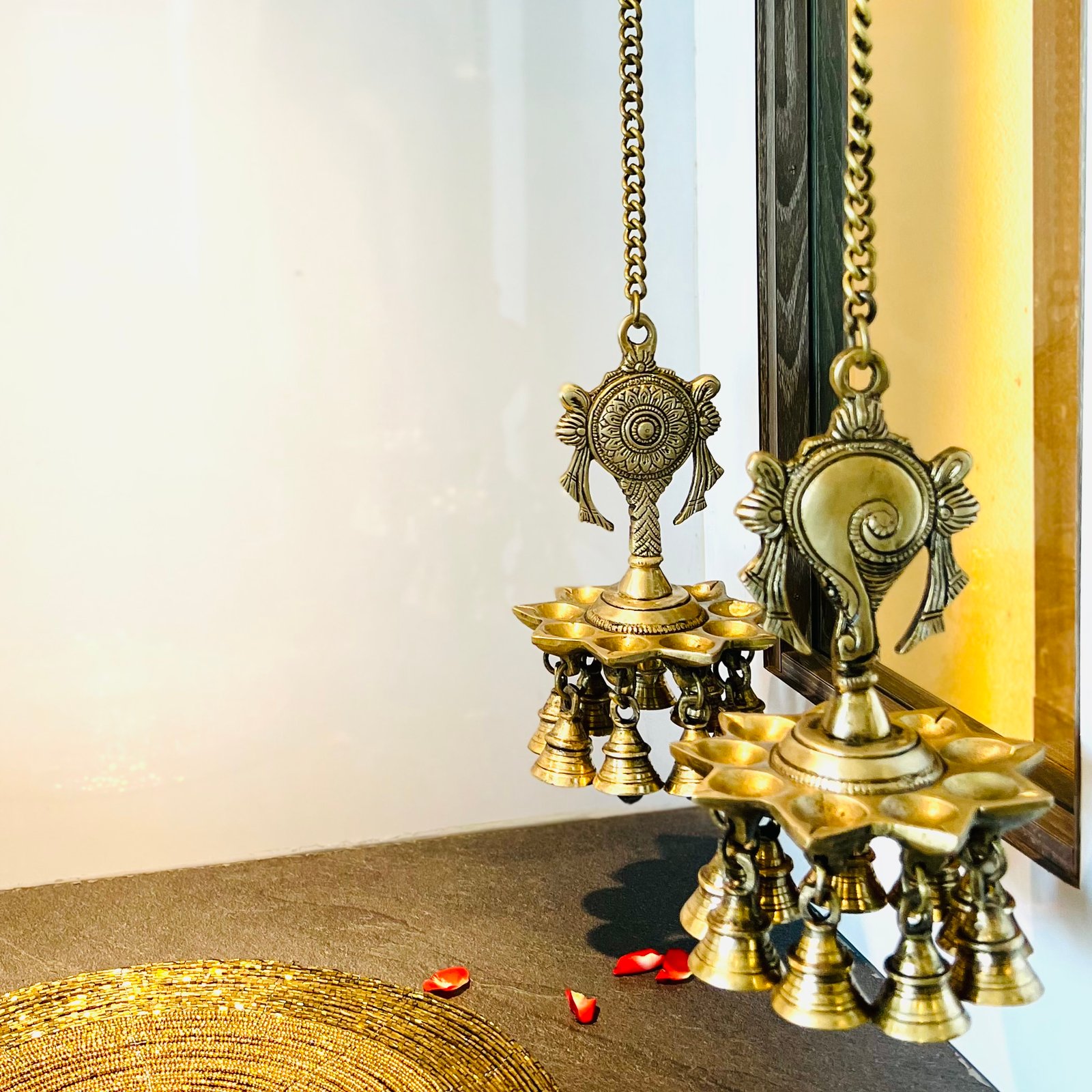 Brass Hanging Shankh Chakra Diya (Set of 2)