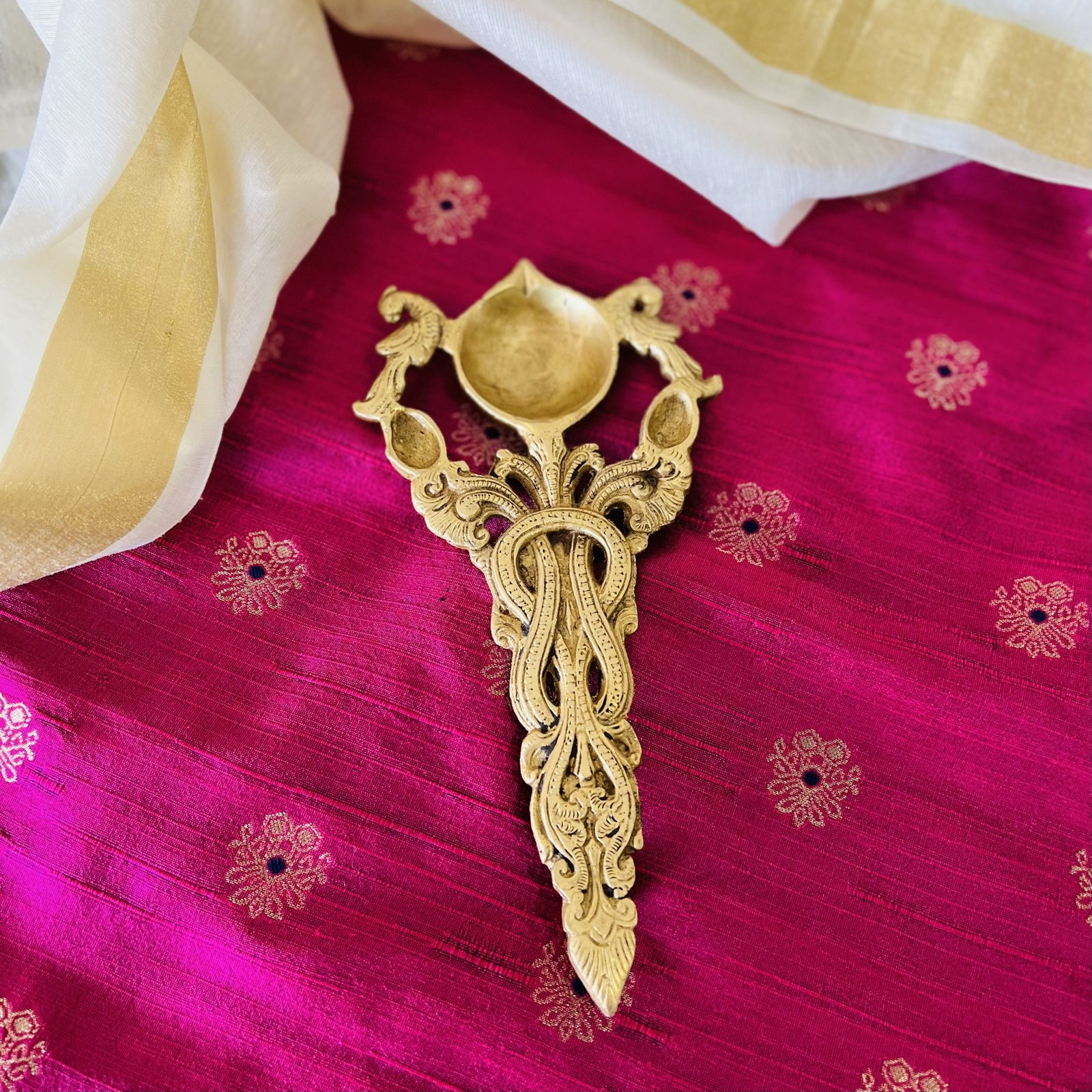 Brass Diya Arti Spoon & Double sided Patola Festive Mat Gift Set - Image 10