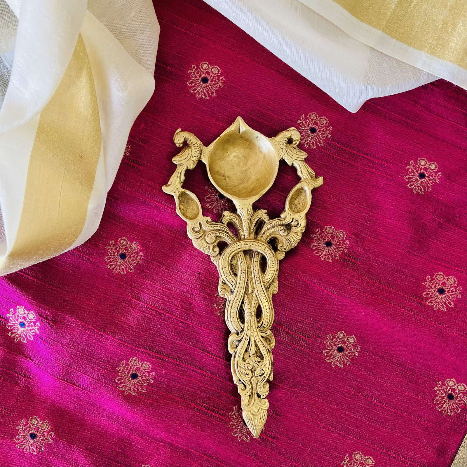 Brass Diya Arti Spoon & Double sided Patola Festive Mat Gift Set - Image 9