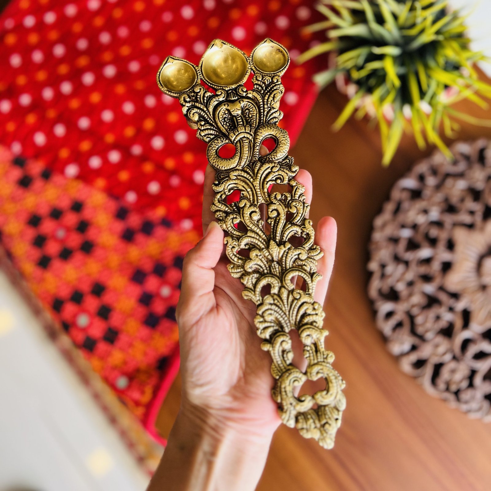 Brass Diya Arti Spoon (Triple Diya) - Image 3