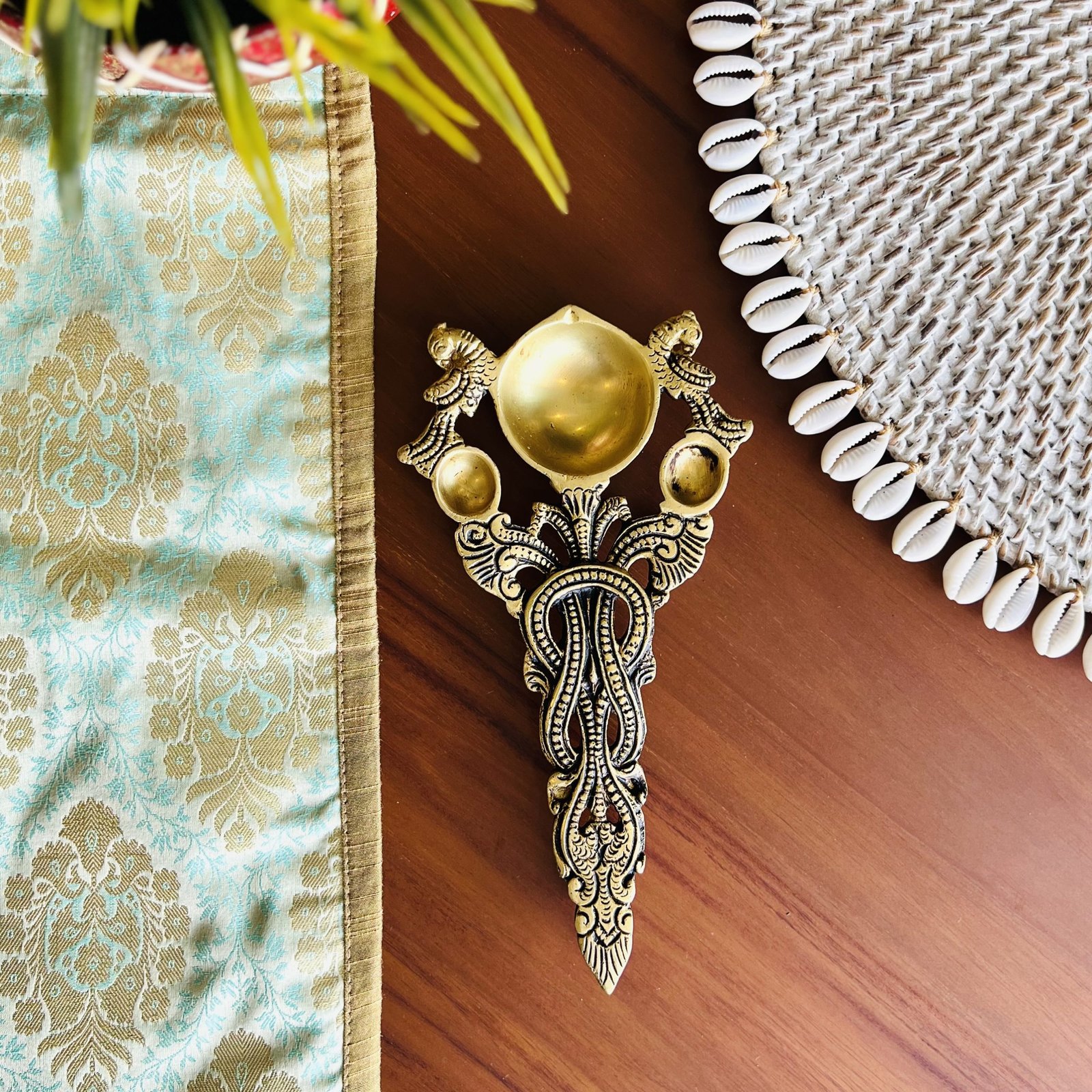 Brass Diya Arti Spoon & Double sided Patola Festive Mat Gift Set - Image 7