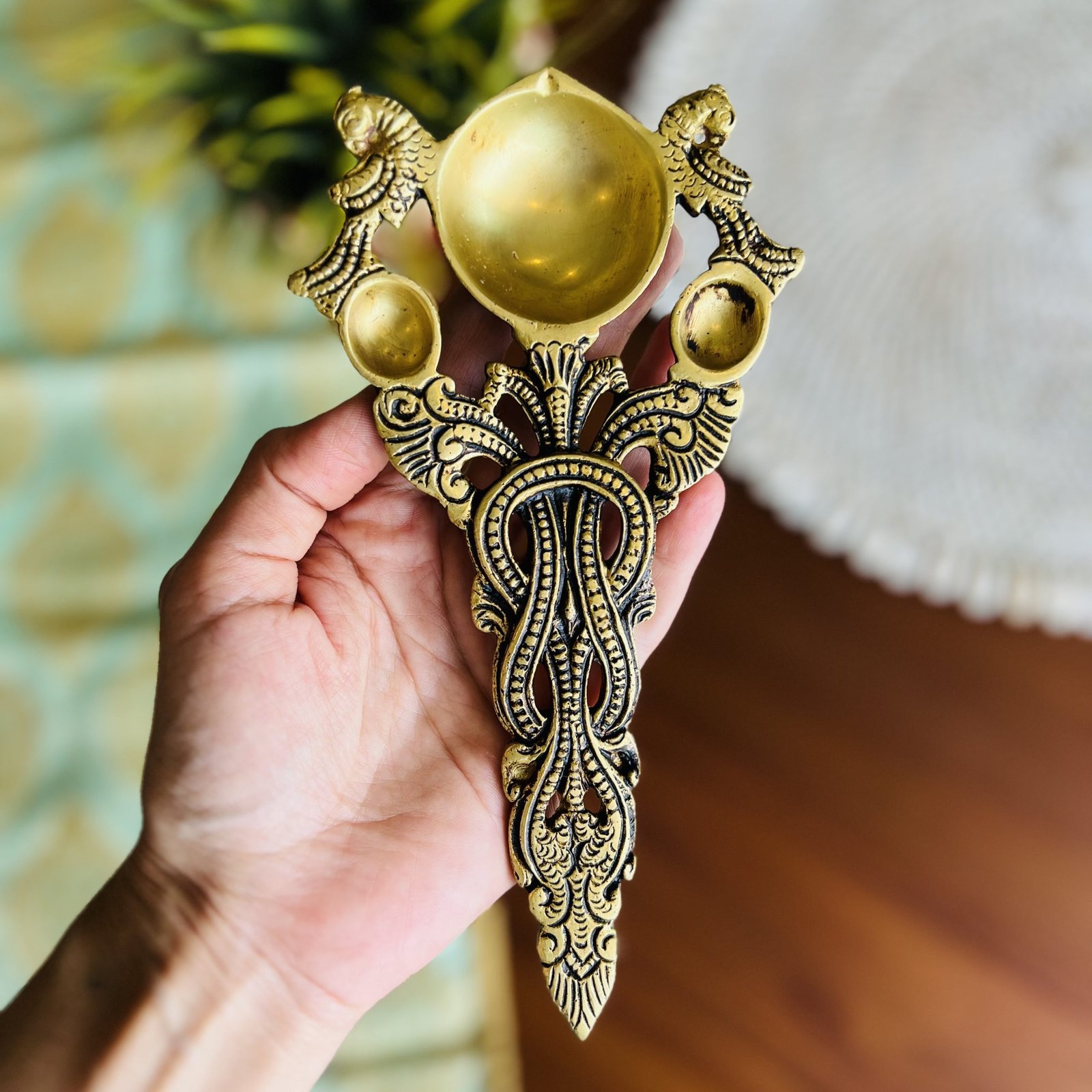 Brass Diya Arti Spoon & Double sided Patola Festive Mat Gift Set - Image 8