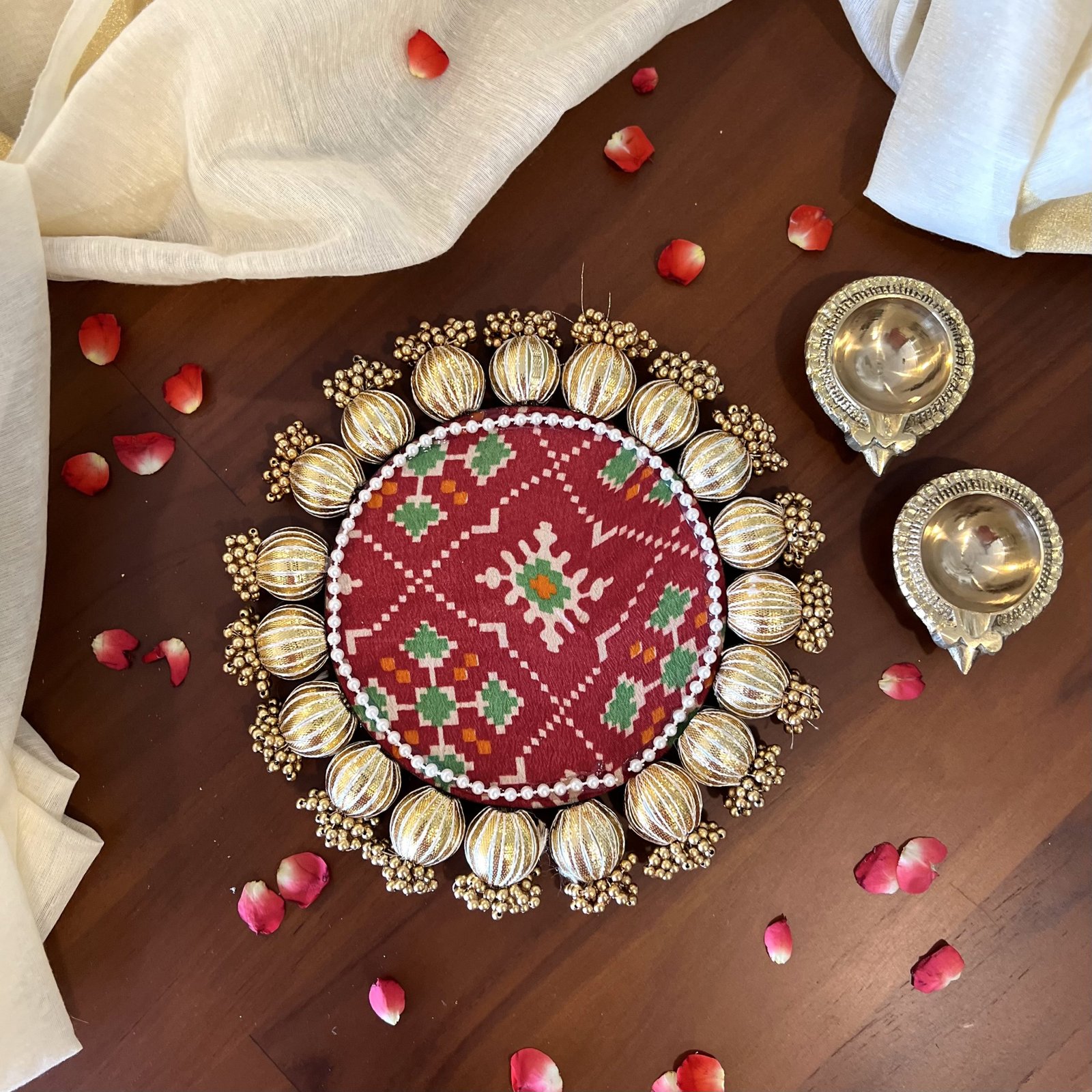 Brass Diya Arti Spoon & Double sided Patola Festive Mat Gift Set - Image 13