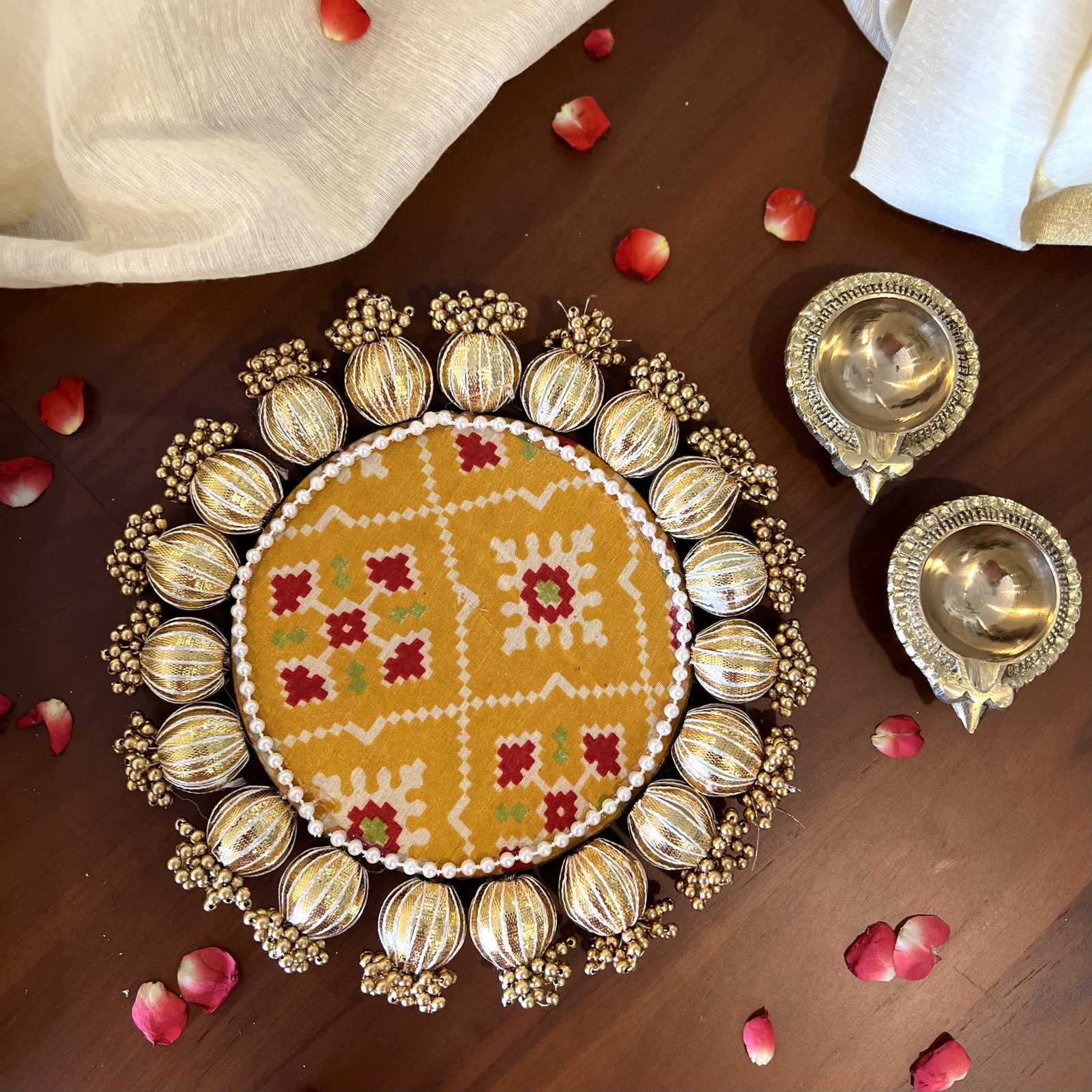 Brass Diya Arti Spoon & Double sided Patola Festive Mat Gift Set - Image 12
