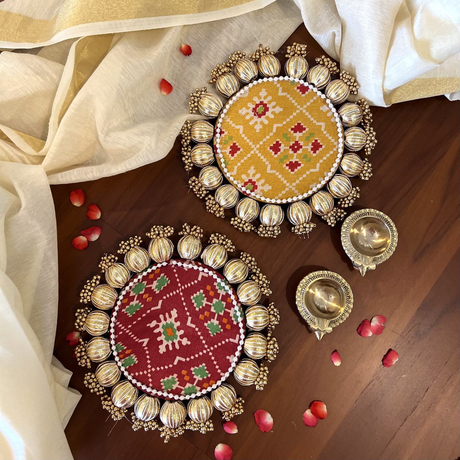 Brass Diya Arti Spoon & Double sided Patola Festive Mat Gift Set - Image 11