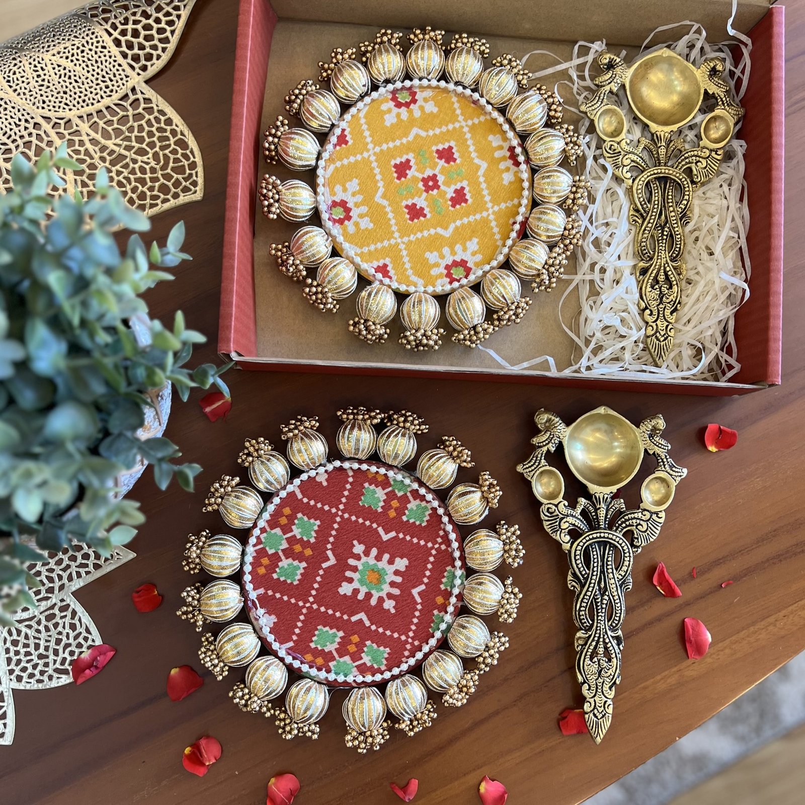 Brass Diya Arti Spoon & Double sided Patola Festive Mat Gift Set - Image 4