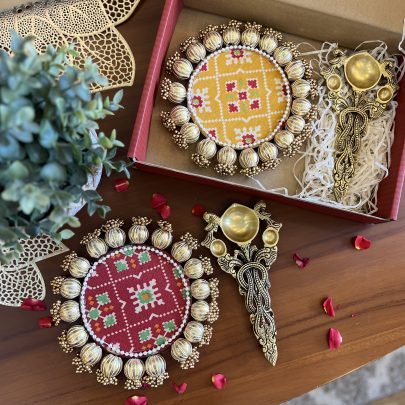 Brass Diya Arti Spoon & Double sided Patola Festive Mat Gift Set