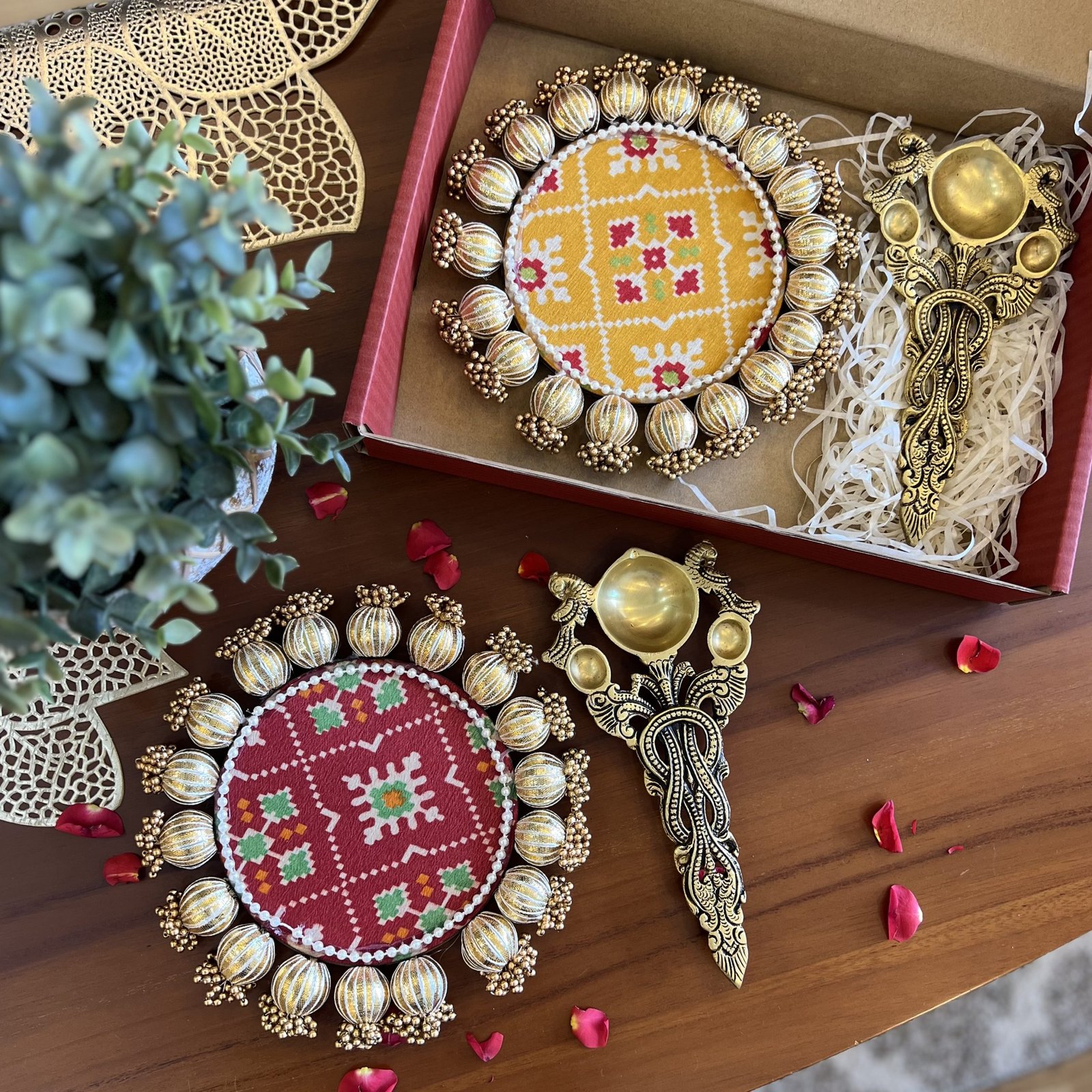 Brass Diya Arti Spoon & Double sided Patola Festive Mat Gift Set