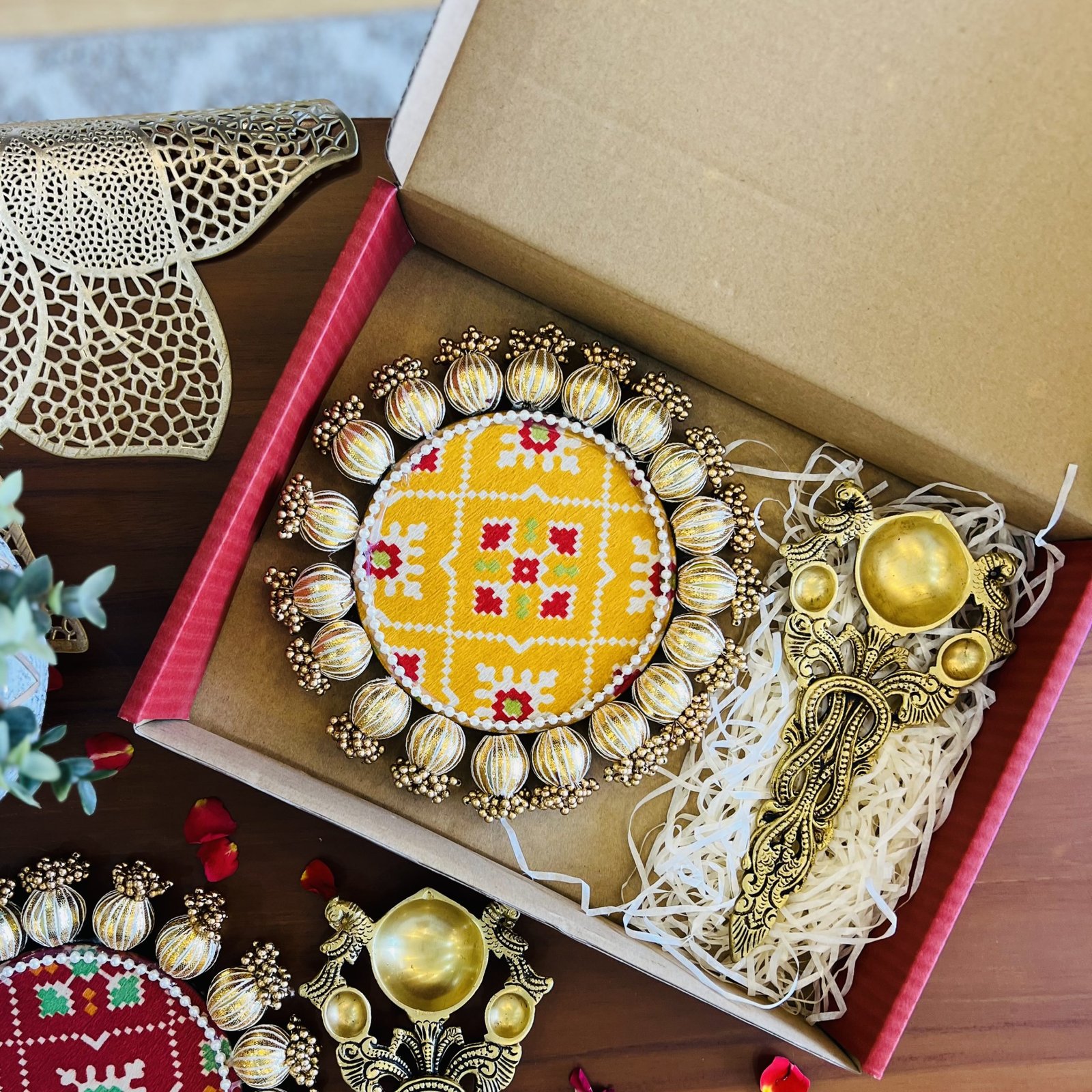 Brass Diya Arti Spoon & Double sided Patola Festive Mat Gift Set - Image 5