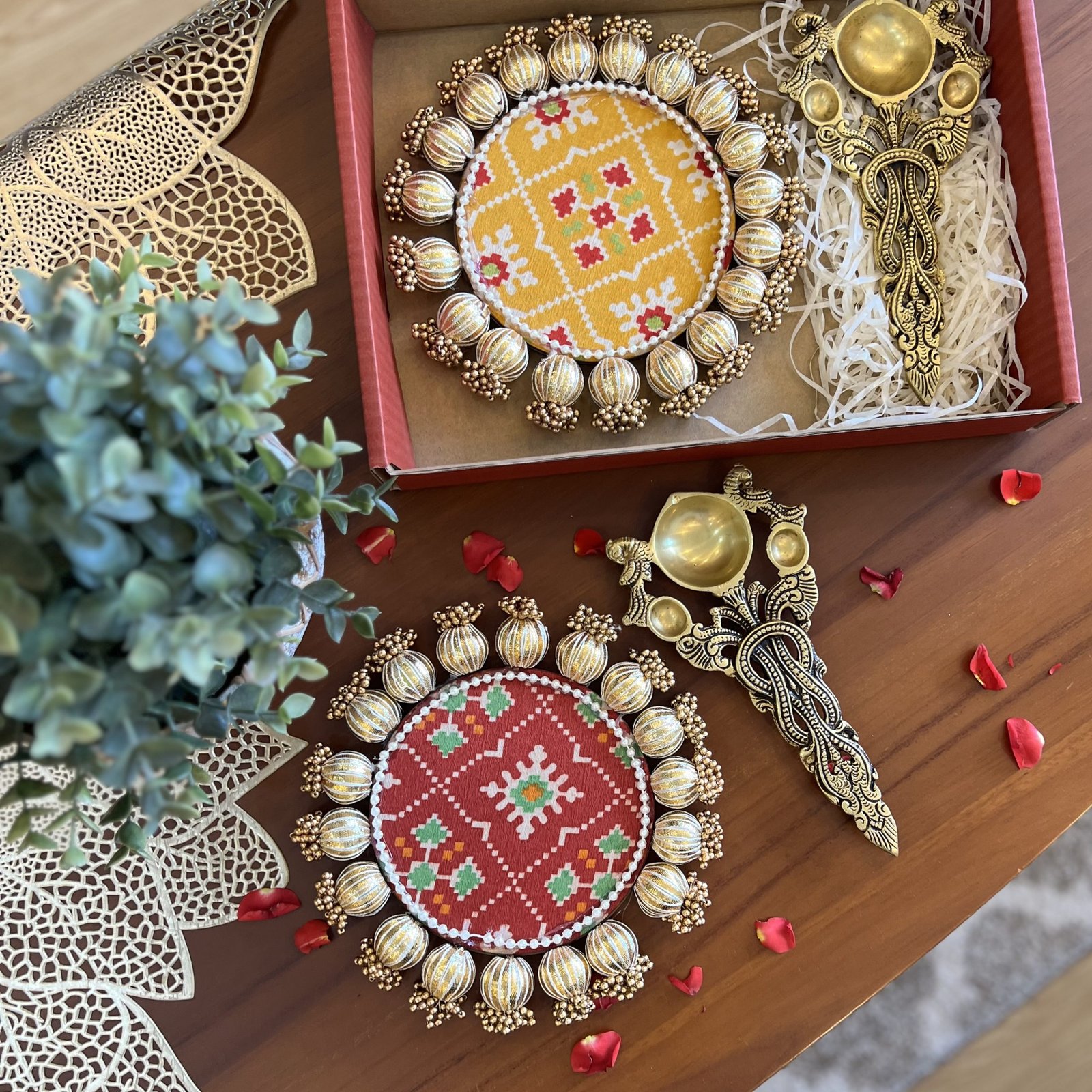 Brass Diya Arti Spoon & Double sided Patola Festive Mat Gift Set - Image 3