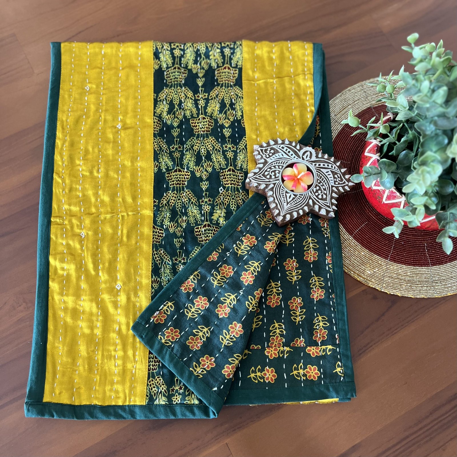 Mashru Silk Table Runner (Mustard D1) - Image 2