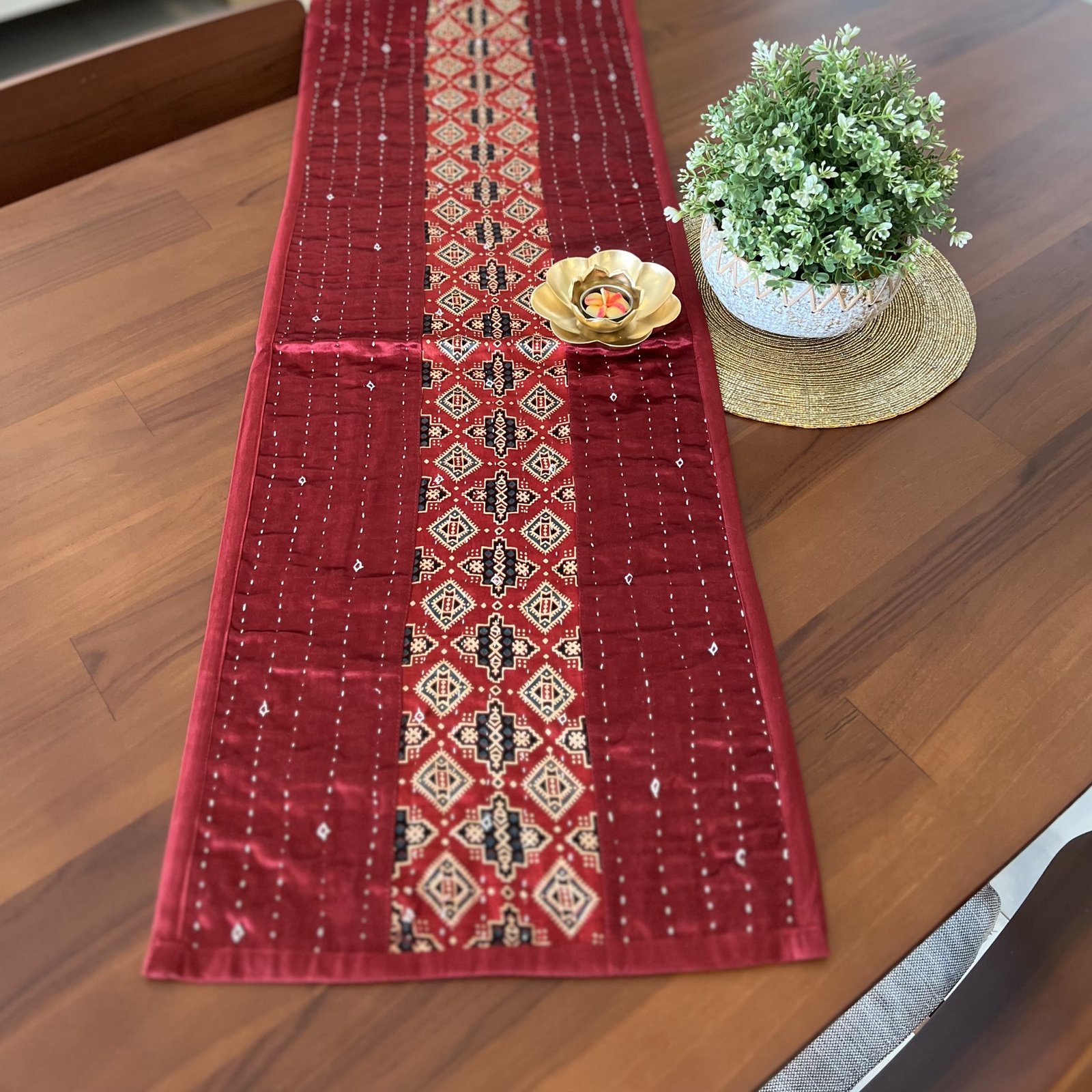 Mashru Silk Table Runner (Red D1)