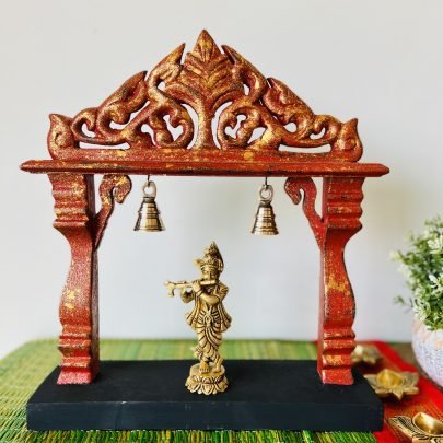 Brass Krishna in Wood Carved Mandap (Red Gold)