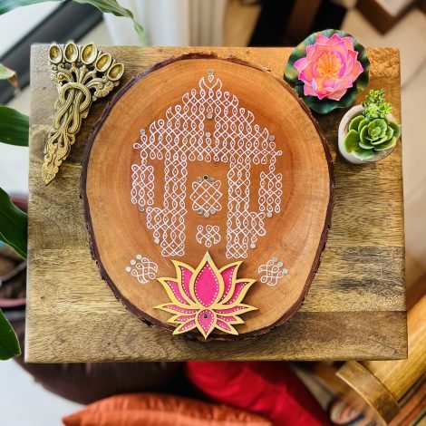 Hand Painted Teak Wood Bark Platter (Lotus Design) - Image 3