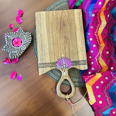 Teak Wood Platter (Small Rectangle, Pink Lotus Design)