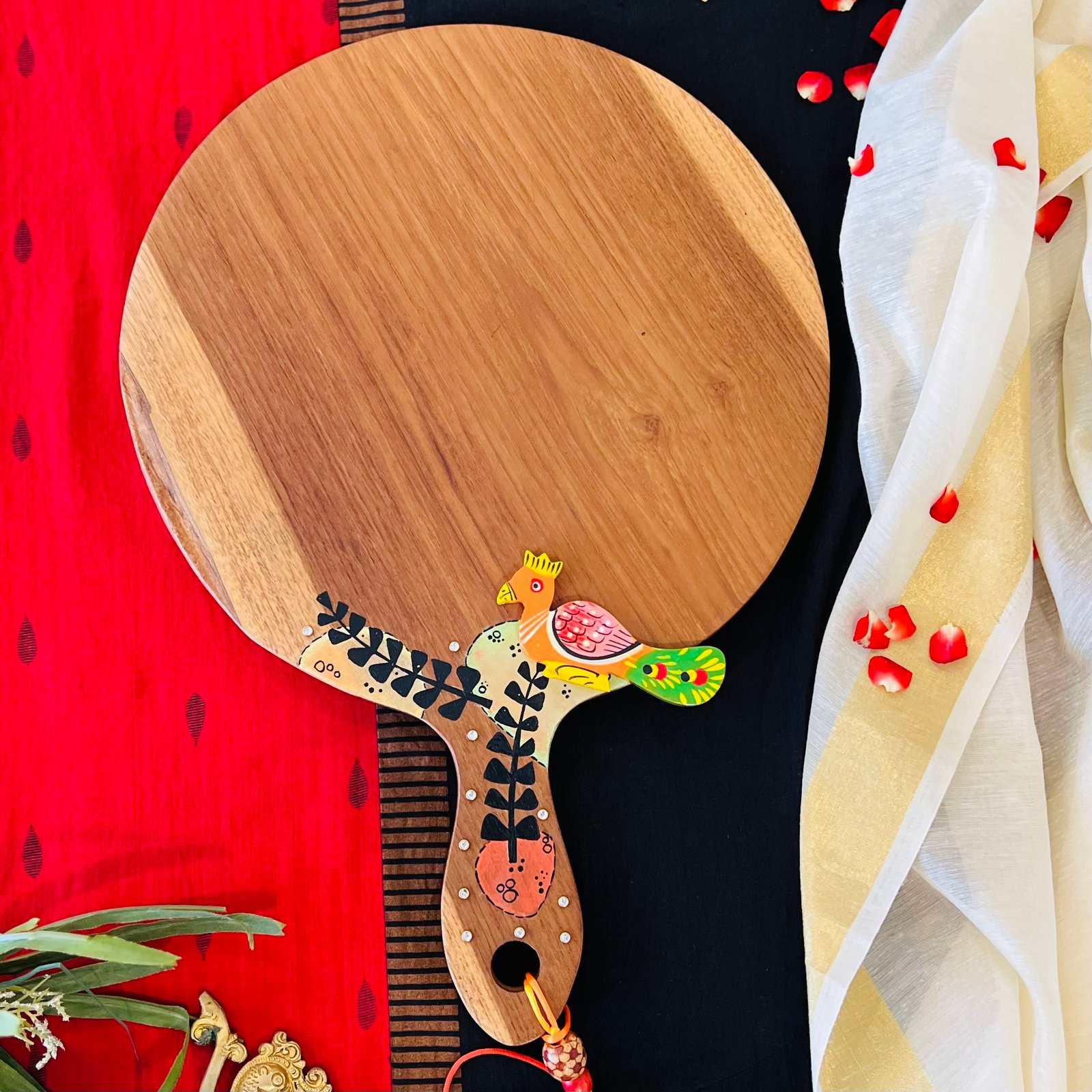 Teak Wood Platter (Round, Peacock Design)