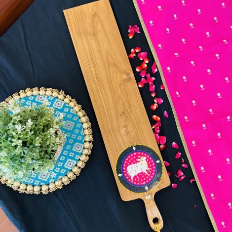 Teak Wood Platter (Long, Pink Pichwai Design)