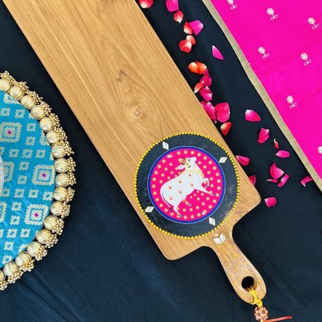Teak Wood Platter (Long, Pink Pichwai Design) - Image 2