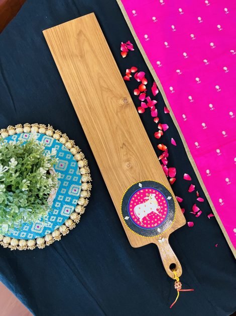 Teak Wood Platter (Long, Pink Pichwai Design) - Image 3