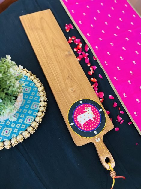 Teak Wood Platter (Long, Pink Pichwai Design) - Image 6