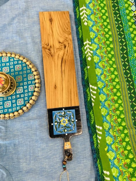 Teak Wood Platter (Long, Blue Tile Design) - Image 2