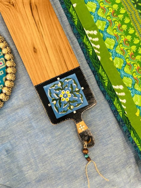 Teak Wood Platter (Long, Blue Tile Design) - Image 3
