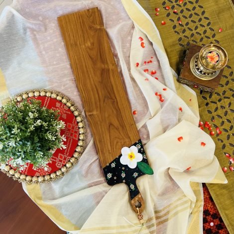 Teak Wood Platter (Long, White Ceramic Flower Design)