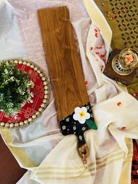Teak Wood Platter (Long, White Ceramic Flower Design) - Image 3