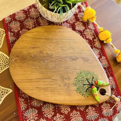 Teak Wood Platter (Oval, Tree & Parrot Design)