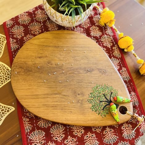 Teak Wood Platter (Oval, Tree & Parrot Design)