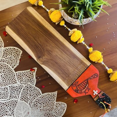 Teak Wood Platter (Medium Rectangle, Orange Design)