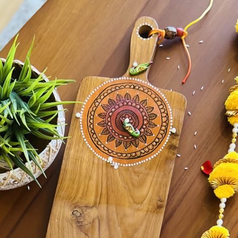 Teak Wood Platter (Long, orange mandala Design) - Image 3