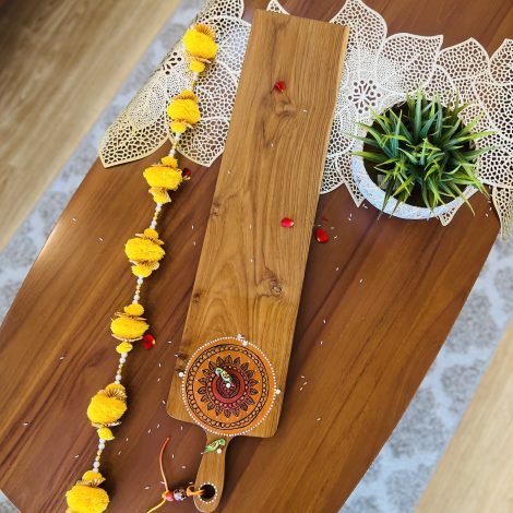 Teak Wood Platter (Long, orange mandala Design) - Image 2