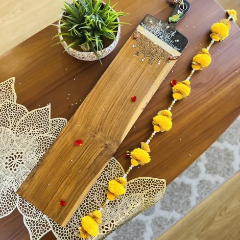 Teak Wood Platter (Long, black and white mandala Design) - Image 2