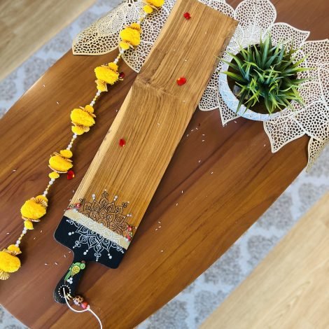Teak Wood Platter (Long, black and white mandala Design)