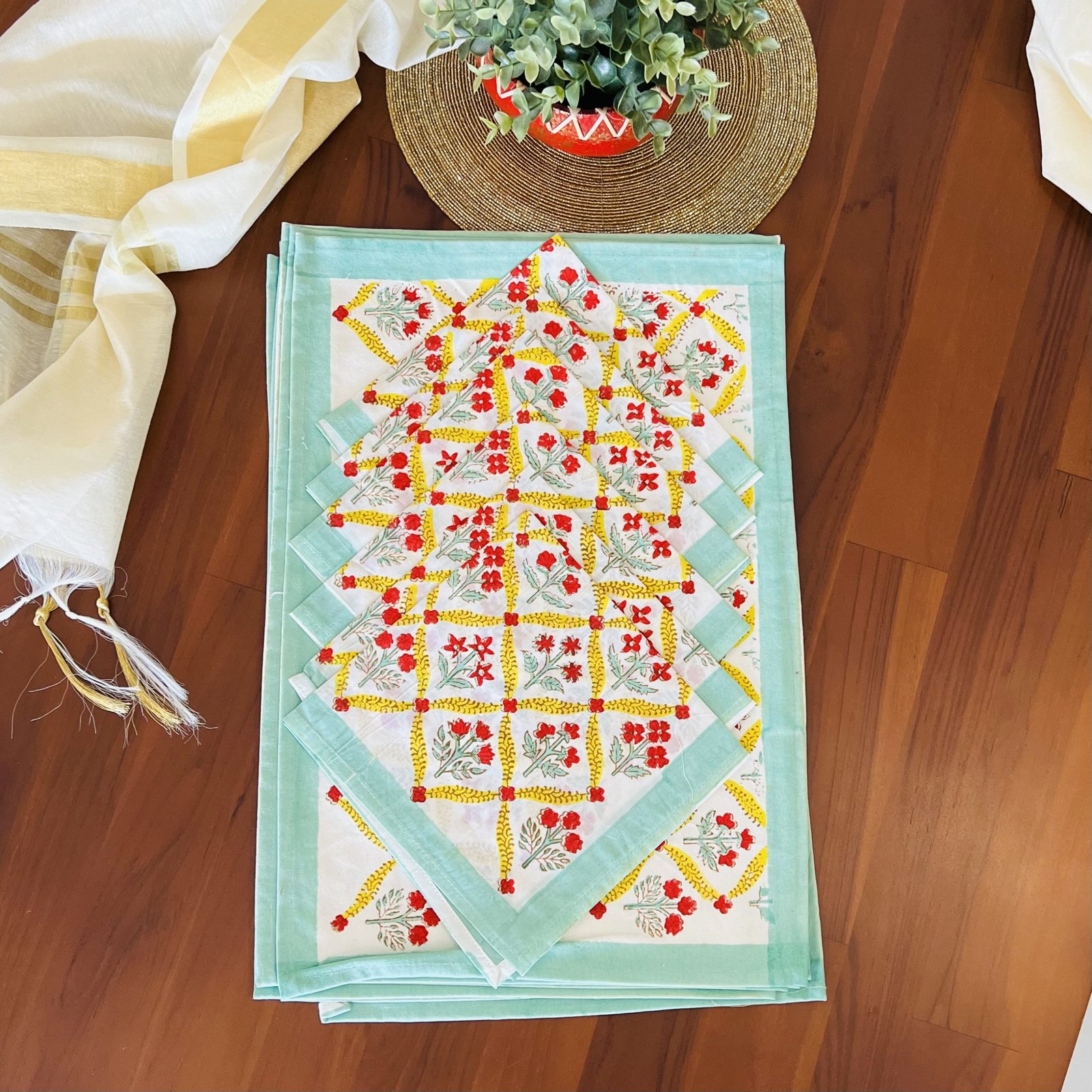 Block Printed Cotton Table Mat and Napkin Set (D2) - Image 4