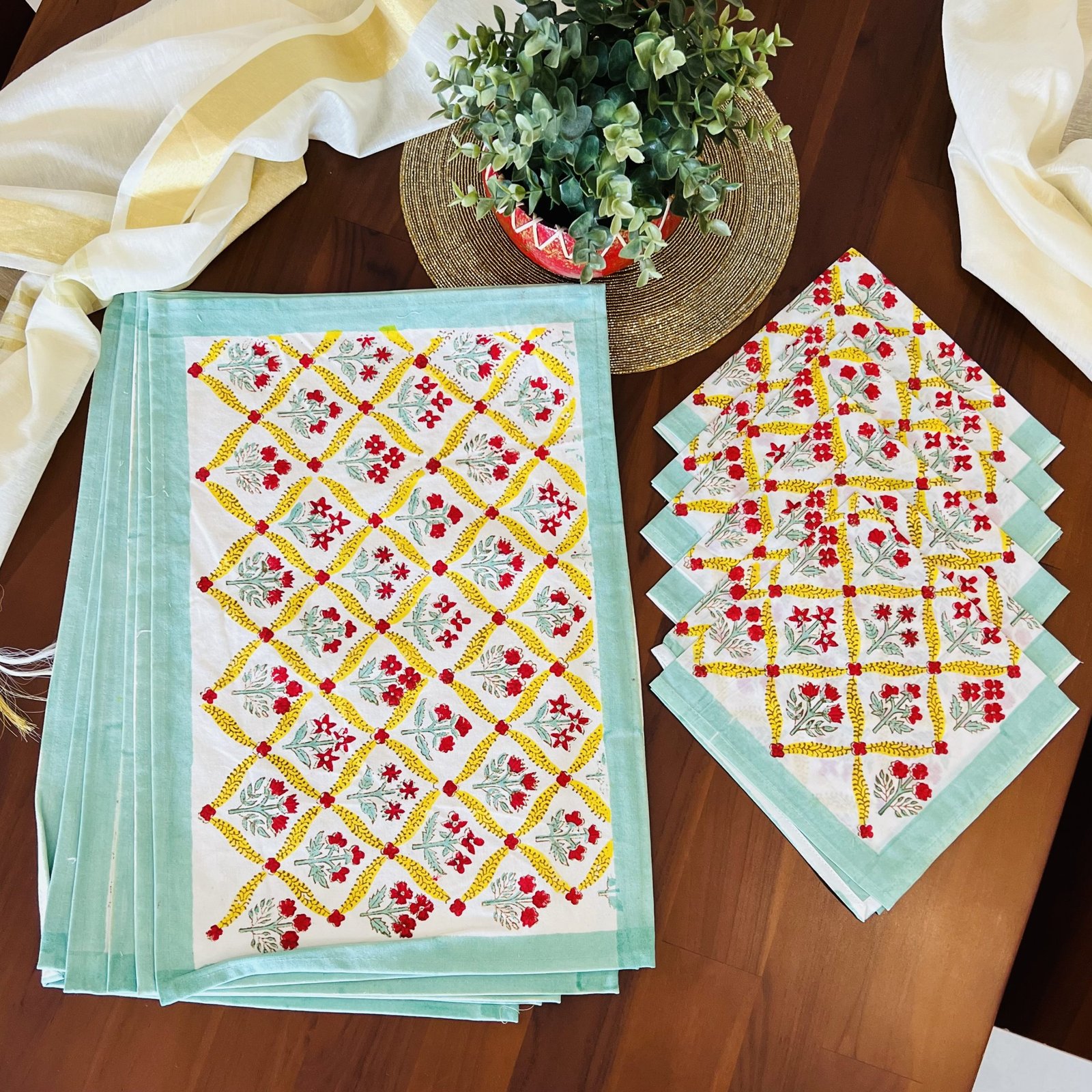 Block Printed Cotton Table Mat and Napkin Set (D2)