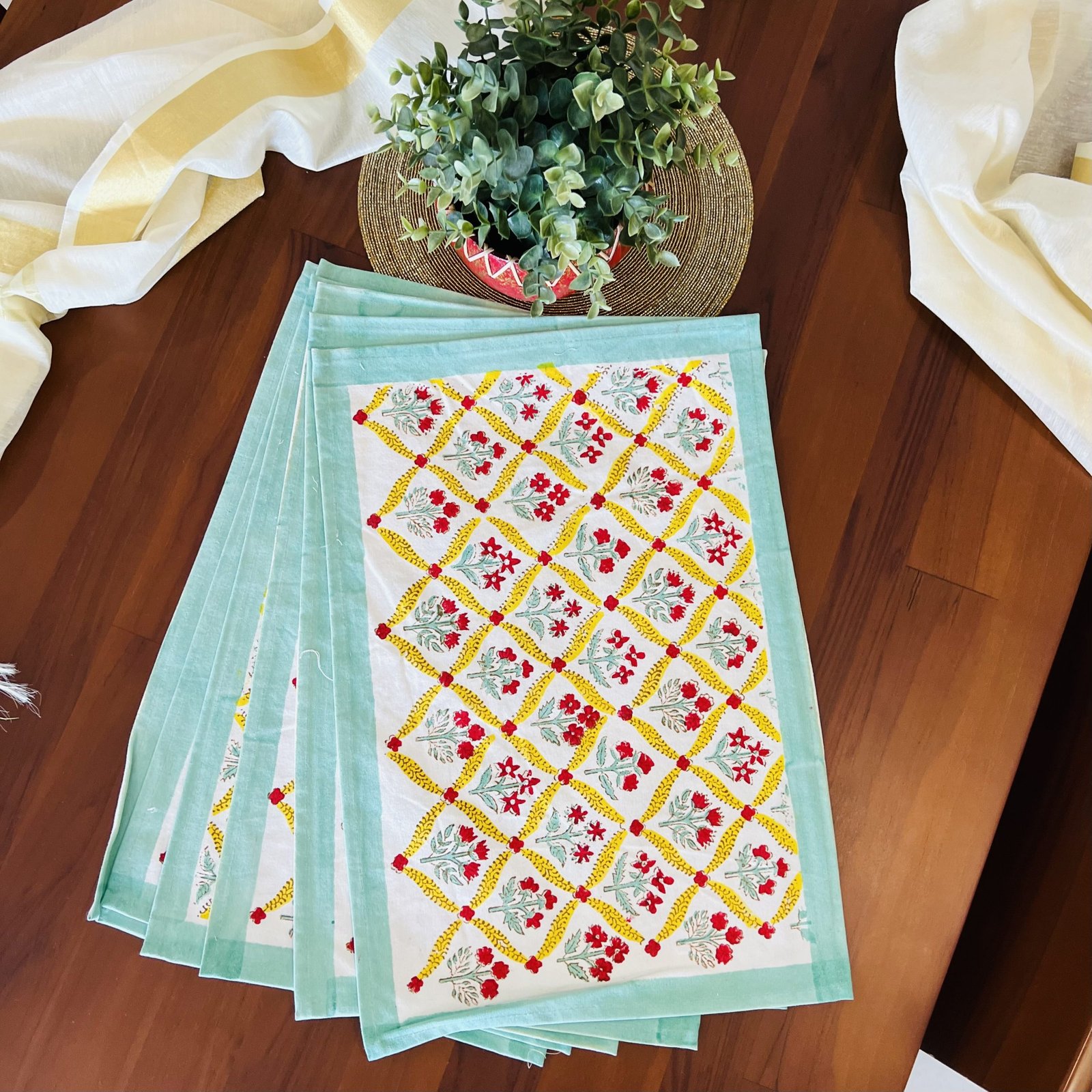Block Printed Cotton Table Mat and Napkin Set (D2) - Image 2