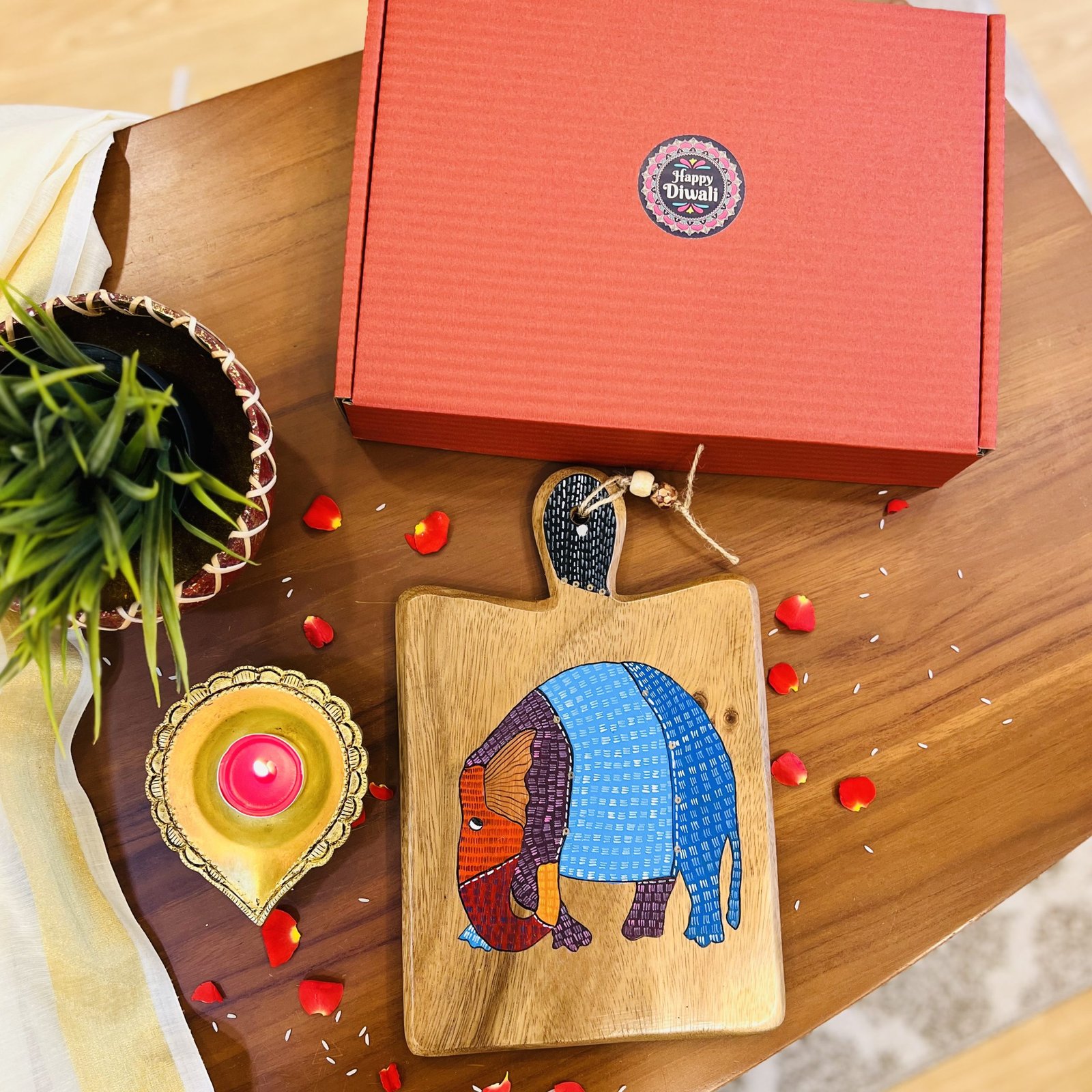 Hand-painted Board & Brass Diya Gift Set (D2)